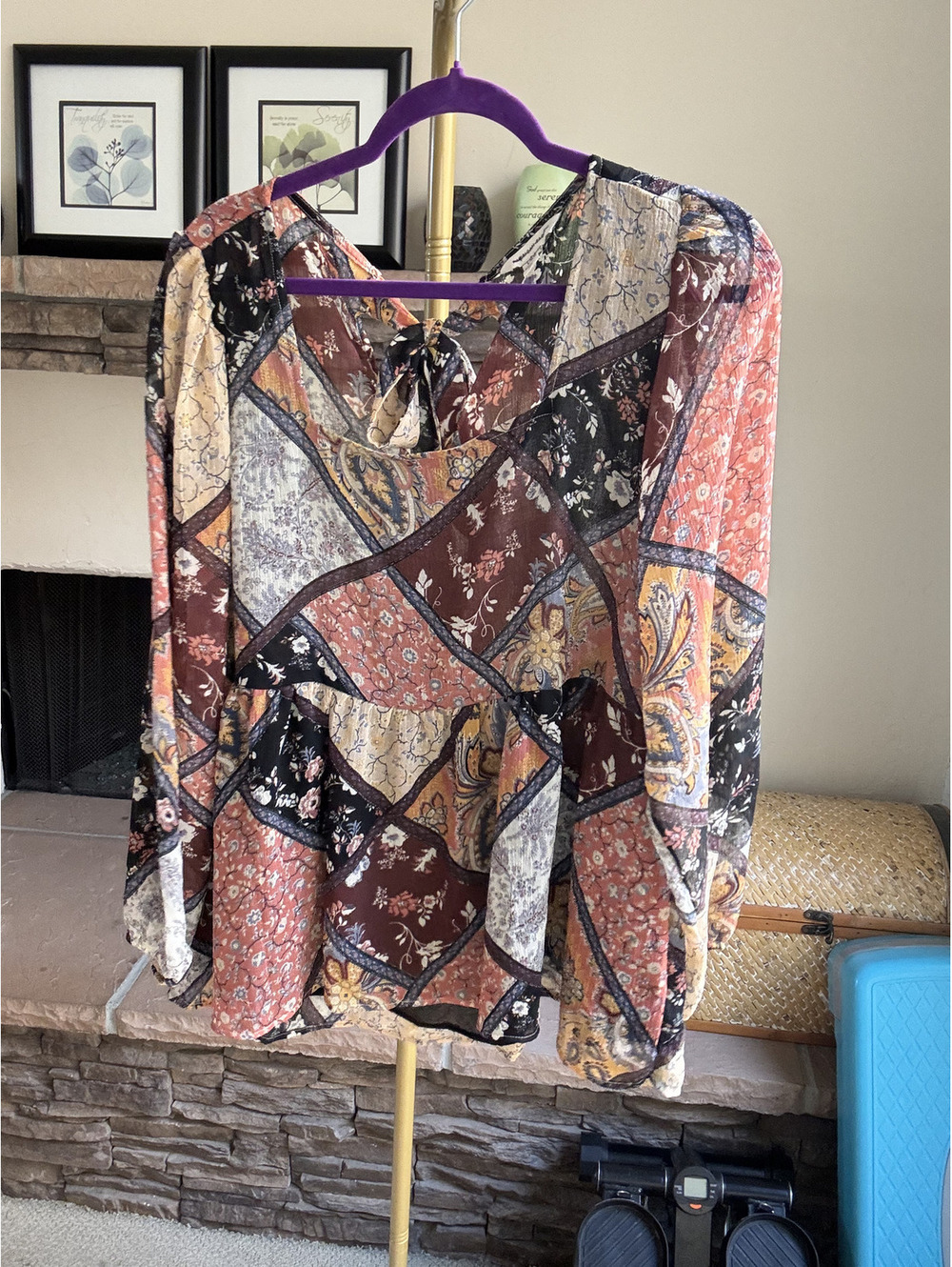 American Eagle Sheer patchwork open-back boho top Size Large